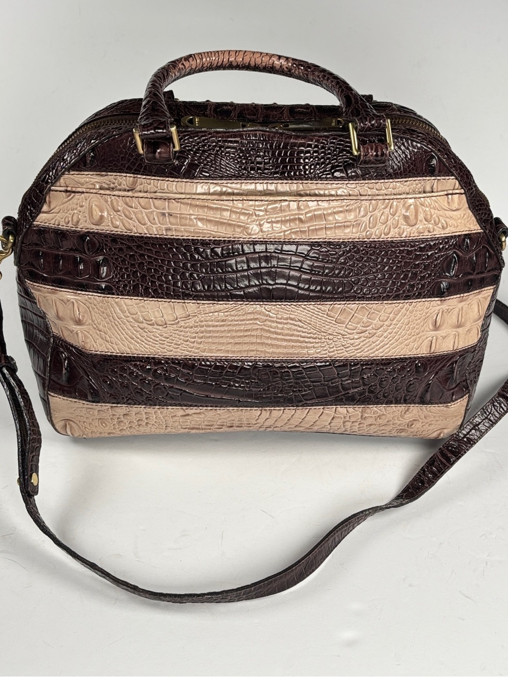 Brahmin Striped Dome Croc-Embossed Satchel Bag in Dark Brown and Beige - Picture 9 of 16